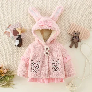 Cappotto sfocato rosa per bambina con fiocco ricamato a forma di cartone animato con orecchie da coniglio, vestito caldo per gite invernali, servizio fotografico 1