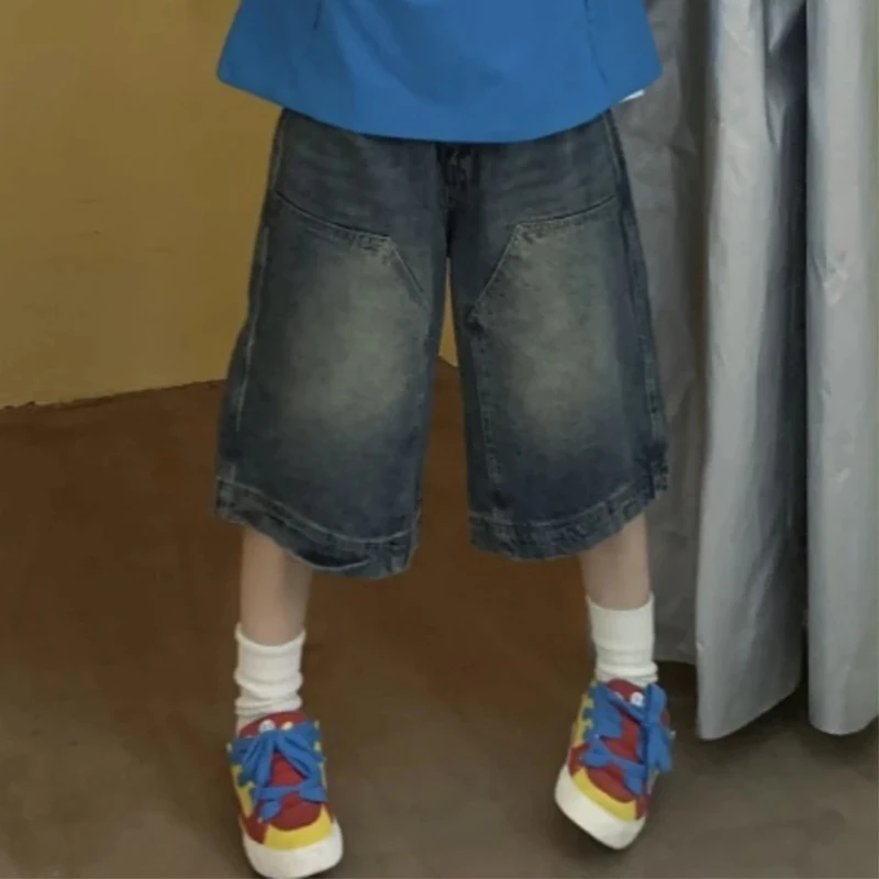 Y2K Pantaloncini jeans larghi vintage Pantaloni capri a gamba larga lavati da donna Jeans casual a botte Pantaloncini di jeans Jorts oversize da uomo 4