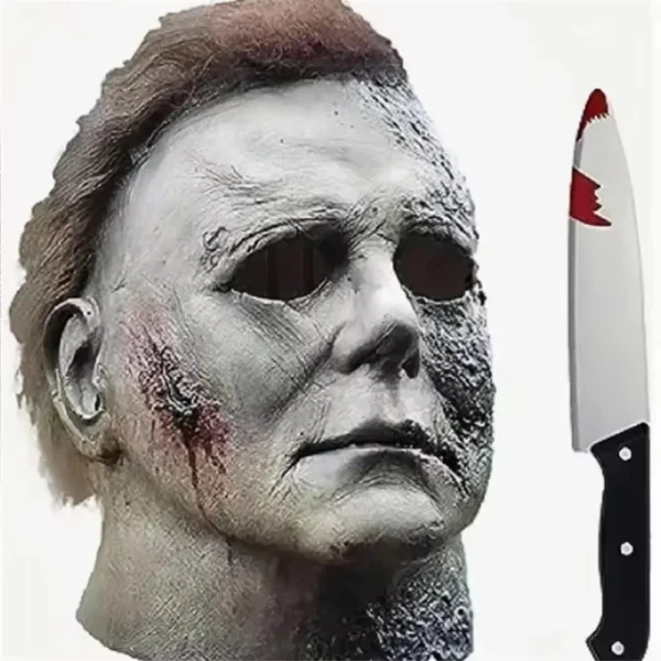 Halloween Michael Myers Mask spaventoso Killer Full Head Mask Creepy Fire Burn Scar Latex Face Mask Cosplay Costume Party puntelli coltello 6