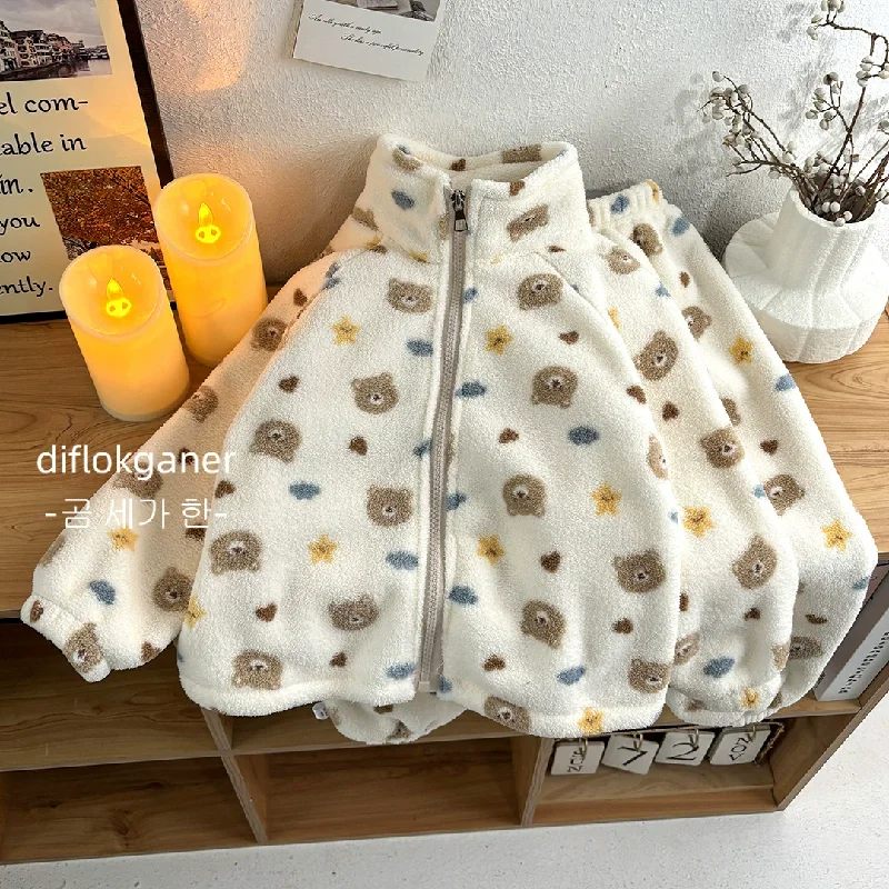 Inverno Peluche Calde Set Per Bambini Del Fumetto di Spessore Pigiama Abiti Ragazze Dei Ragazzi In Pile Manica Lunga Casa Indossare Abiti Per Bambini Vestiti 1-10Y 4