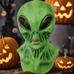 Maschera in lattice alieno verde, gioco di ruolo per feste di Halloween, copricapo alieno spaventoso e creativo, oggetti di scena COSPLAY per la casa stregata della stanza di fuga 1