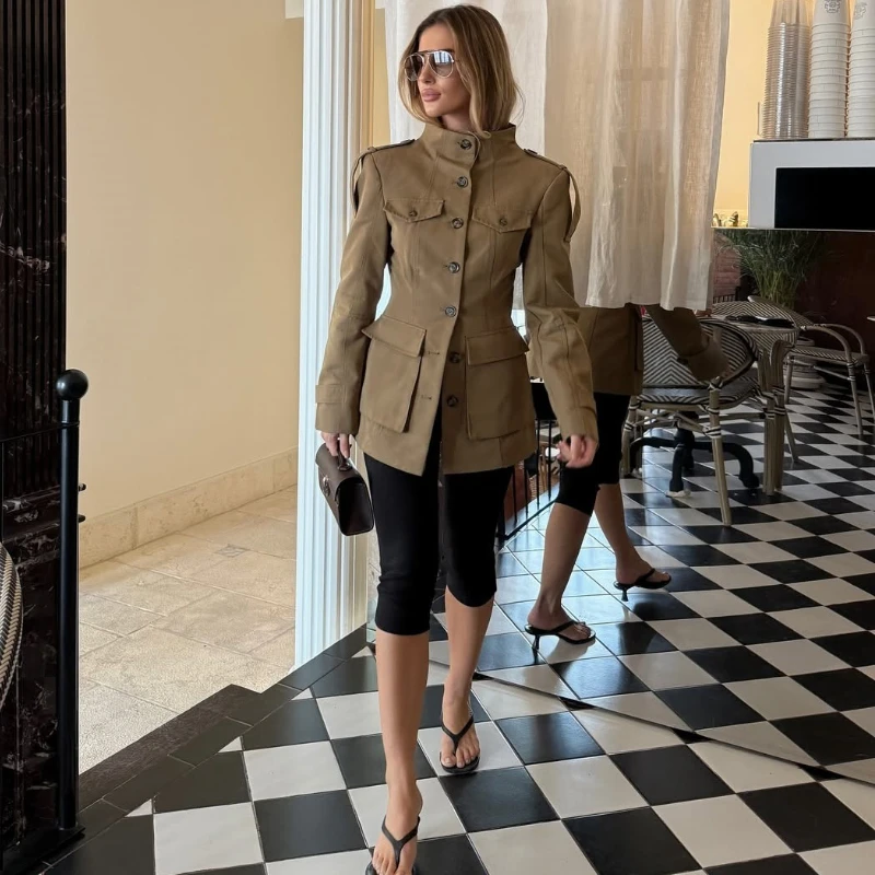 Tornova Giacca vintage kaki Cappotto da donna Slim Colletto alla coreana Tasche monopetto Cappotti a maniche lunghe Autunno Nuovo Pendolarismo Outwear 5