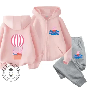 Peppa Pig Cartoon Bambini Felpa con cappuccio con cerniera Set Stampa di cartoni animati Felpa a maniche lunghe autunno/inverno Top casual carino per ragazze 1