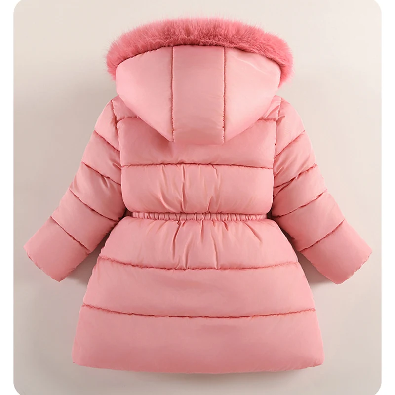 2025 inverno nuove ragazze giacca lunga fodera in tinta unita berbero in pile spesso caldo con cappuccio Parka per 4-10 anni ragazze arco moda tuta da neve 3