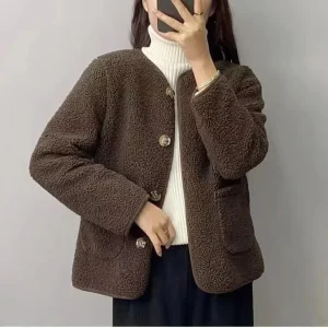 Taglie forti Nuovo stile Versione coreana Giacca da donna in lana di agnello vestibilità ampia Autunno Petite Cardigan in velluto di pecora vestibilità ampia Solid Col... 1
