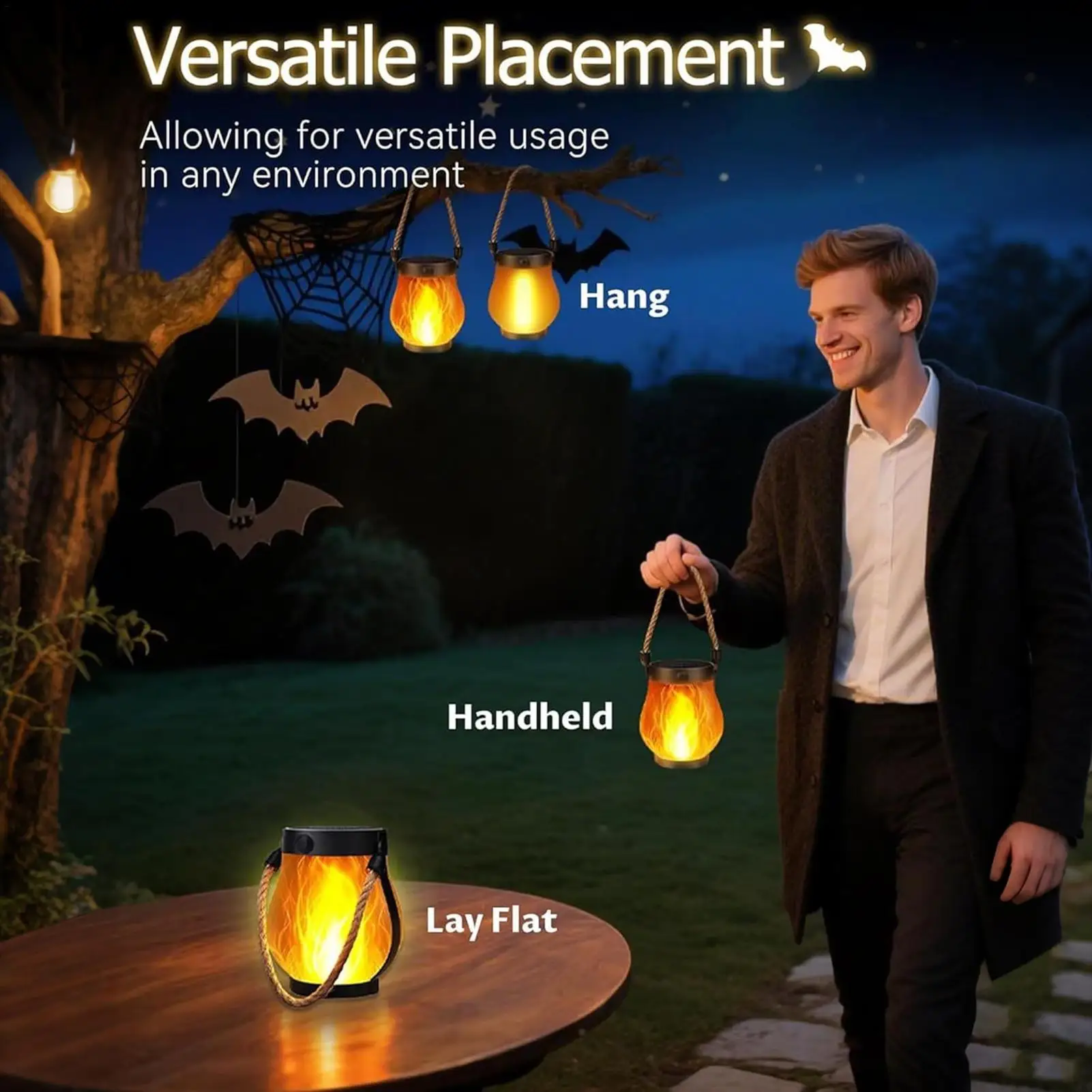 2025 Lanterna solare tremolante di Halloween con fiamme danzanti Luci da giardino con ricarica USB per la decorazione del giardino della casa stregata 4