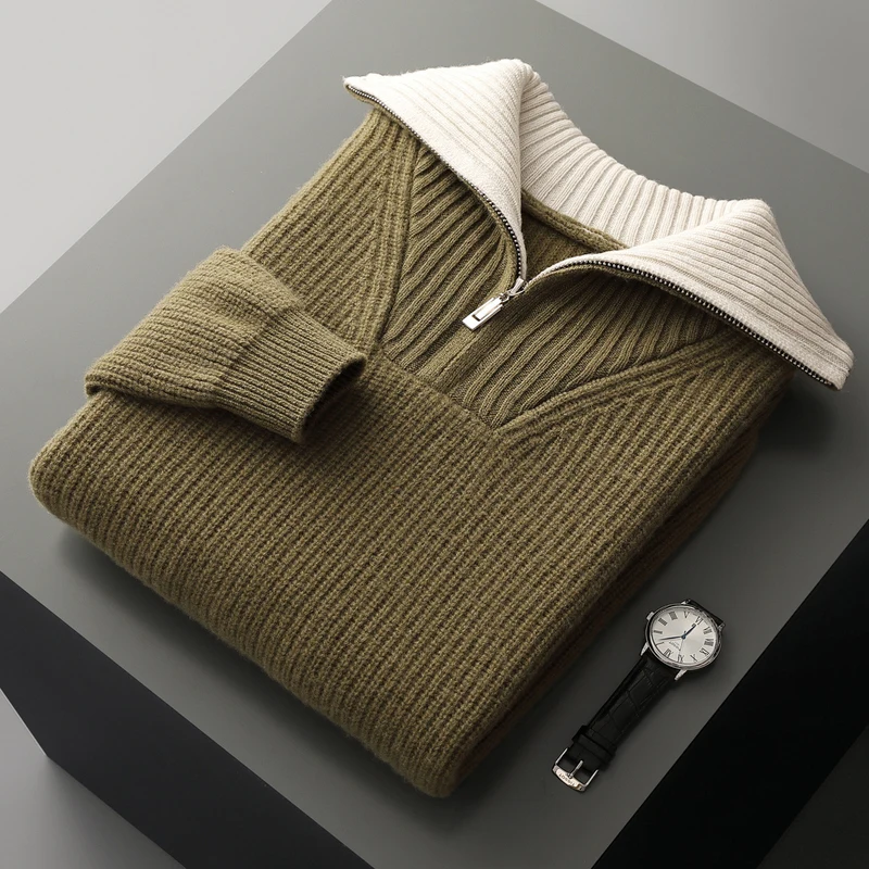 Maglione da uomo in lana 100% di alta qualità Colletto rovesciato Cerniere Pullover 2025 Autunno / Inverno Spessore morbido caldo Maglieria in cashmere Top 5