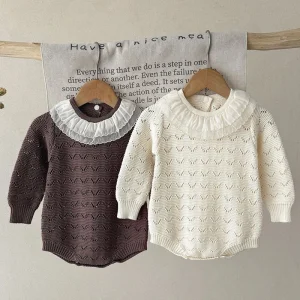 0-24M Neonato Pagliaccetto in maglia Colletto arricciato Infantile Neonata Ragazzo Pagliaccetto Tuta in maglia Scava Fuori Caldo Autunno Inverno Abbigliamento Maglione 1