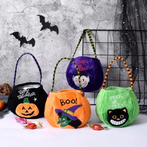 Secchio per dolcetti o scherzetto in peluche di zucca di Halloween 6,3x4,7 pollici - Simpatico cestino per caramelle mostro per bambini con manico 1