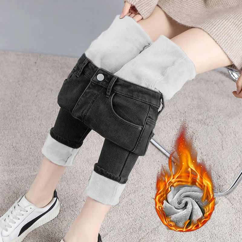 Jeans a nove punte a matita ispessita a vita alta elasticizzati a vita alta foderati in pile da donna Pantaloni casual taglie forti moda invernale 3