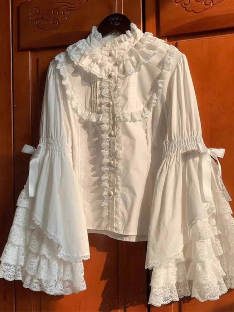 Ragazza giapponese Kawaii Dolce e carino Lolita Camicia a maniche svasate Autunno Y2k Estetica Patchwork di pizzo Camicetta Top Donna JK Blusas allentate 3