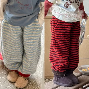 2025 Vestiti per ragazza per bambini Pantaloni a righe imbottiti in cotone di lana d'agnello 1-6Y Ragazzi Inverno Nuovi pantaloni caldi Bambini Pantaloni larghi Outfit 1