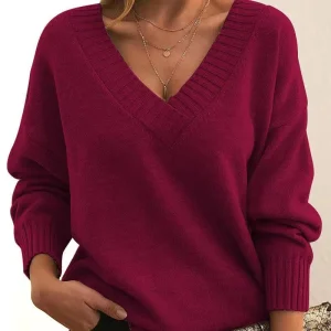 Nuovo semplice pullover a maniche lunghe maglione lavorato a maglia donna casual maglioni rossi allentati scollo a V autunno inverno vestiti che toccano il fondo 1