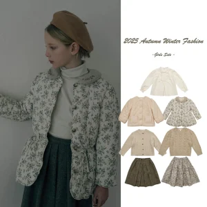 Giacca elegante imbottita in cotone per ragazze 2025 Autunno Inverno Cardigan Maglione Top Camicia bianca Mezza gonna floreale per ragazze Abbigliamento per ragazze 1