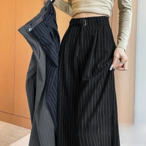 2025 Nuovo Autunno Vintage A Righe Allentato delle Donne Gamba Larga Pantalone Pulsante Primavera A Vita Alta Femminile Dritto Ufficio Pantaloni a Figura Intera 1