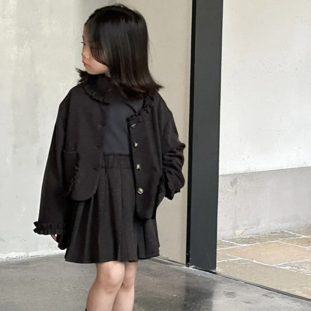 Autunno e inverno nuovi vestiti per ragazze in tinta unita giacca tascabile a maniche lunghe + gonna corta 3-7 anni vestito per bambini grigio 1