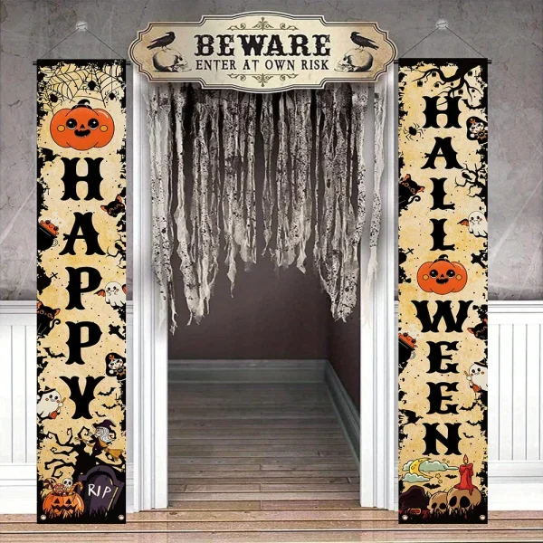 Happy Halloween Banner Zucca Fantasma Halloween Trucco Distico Decorazione per feste Portico Segno Interno Esterno Appeso a parete Sfondo 2