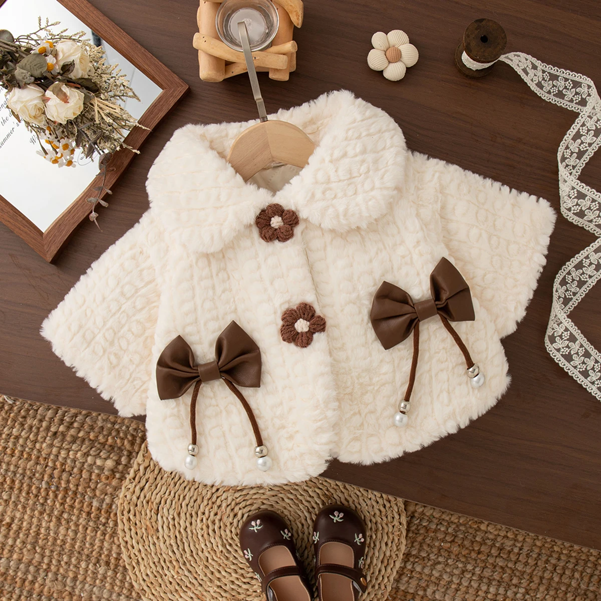 Nuovo cappotto invernale per bambina con fiocco marrone dolce, abbigliamento per bambini antivento e caldo adatto ai bambini dai 9 mesi ai 3 anni 5