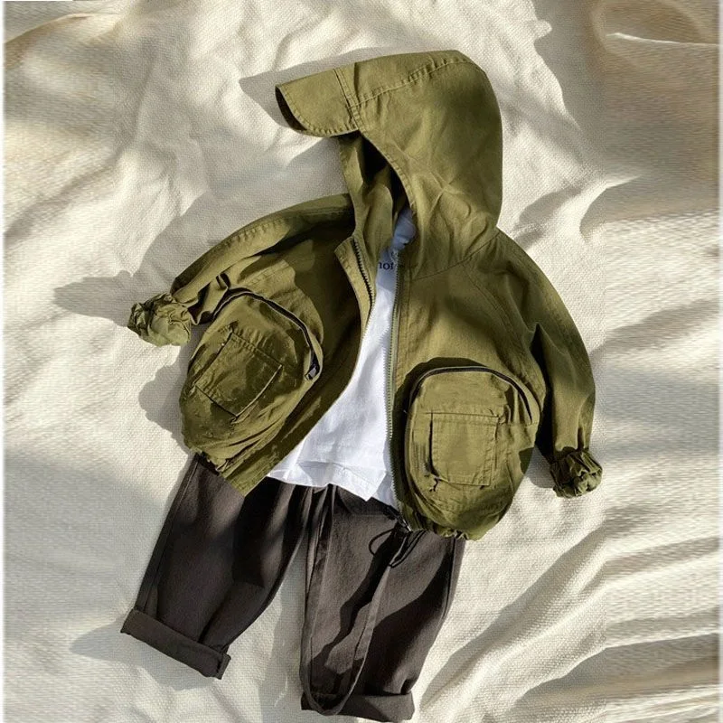 Moda neonata ragazzo giacca con cappuccio cotone infantile bambino borsa cappotto autunno primavera bambino capispalla tinta unita vestiti per bambini 1-7 anni 3