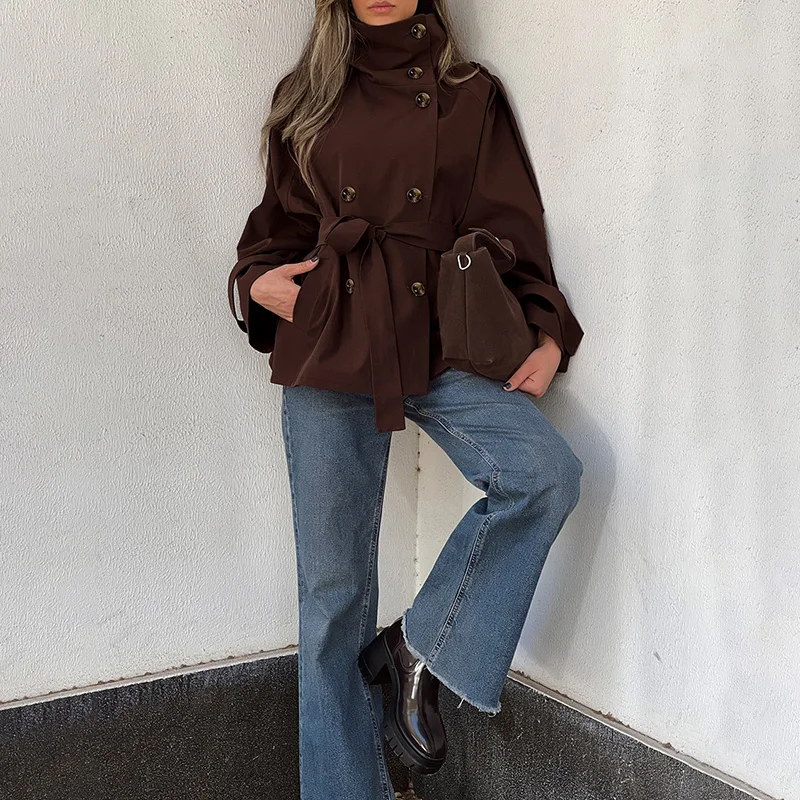Ticketsx Trench vintage a collo alto con doppio petto Giacca slim patchwork con lacci Donna Autunno Inverno Ufficio Streetwear Trench 4
