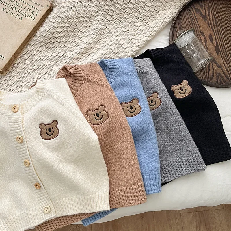 Cute Bear Knit Baby Girl Coat Children's Knitted Cardigan Long Sleeved Top Baby Sweater Outdoor Wear Baby Clothes New Born 3