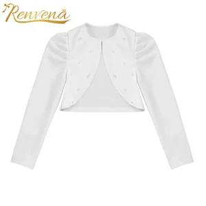 Bolero Cardigan frontale aperto con maniche lunghe a sbuffo Bolero in rilievo elegante per bambina giacca da ragazza con fiore avvolgente per feste di nozze 1