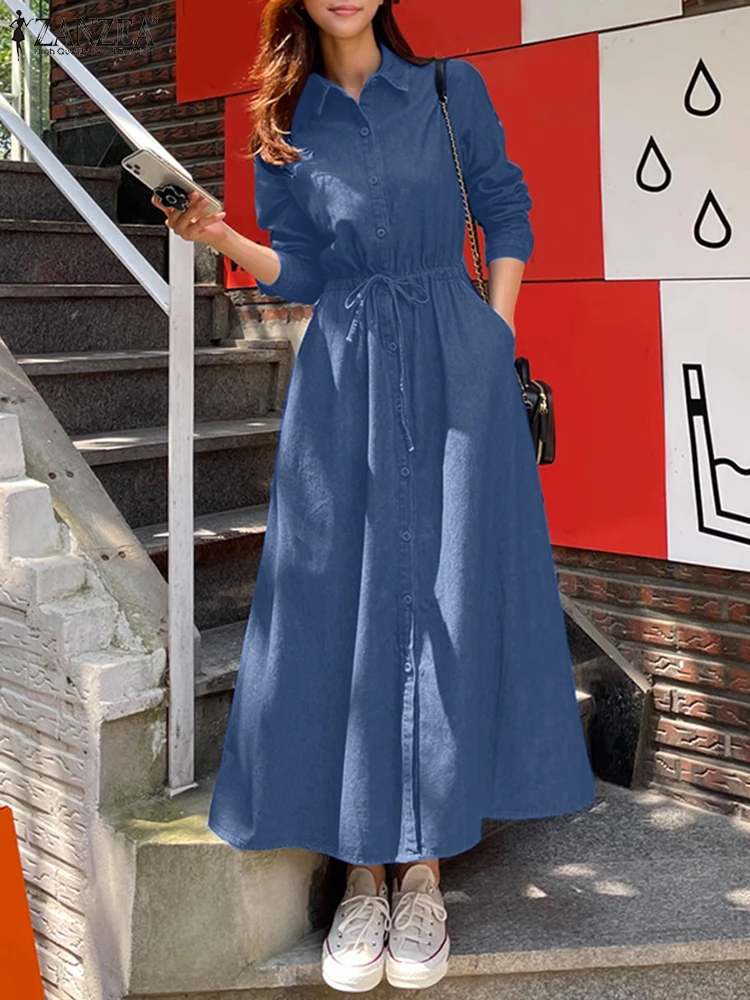 ZANZEA Donna Elegante Manica Lunga Lavoro Vestito Estivo 2025 Primavera Denim Blu Abito Casual Risvolto Collo Vacanza Abiti Maxi Robe Caftano 2