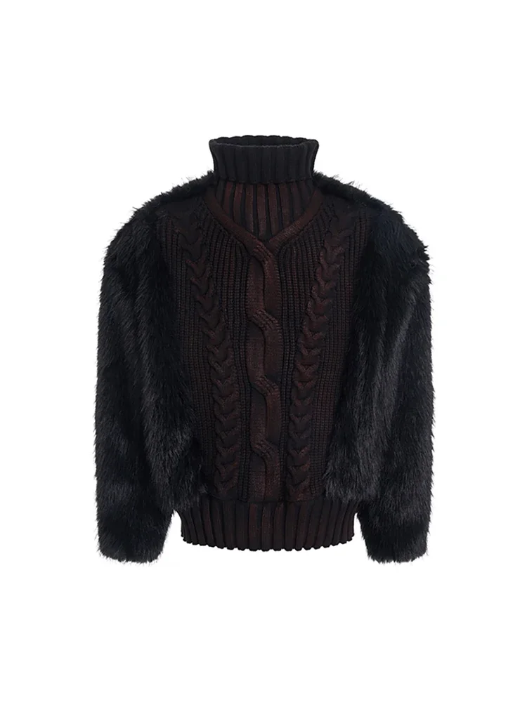 Maglieria da uomo autunno inverno 2024 velluto interno ispessito maglione lavorato a maglia a maniche lunghe con giunture in pelliccia maglioni pullover a collo alto 5