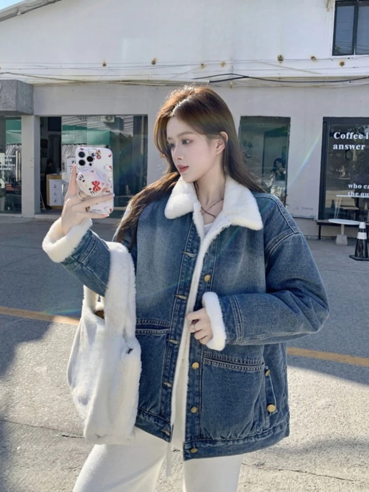 Giacca di jeans ispessita in velluto più da donna - Cappotto invernale caldo stile coreano oversize casual lavato con acqua 3