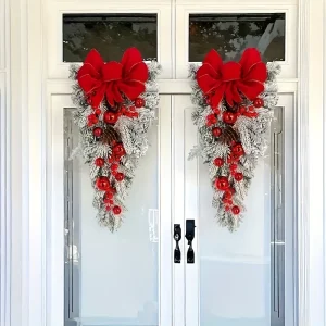 Albero di Natale da 45/60 cm con fiocco rosso Palla di Natale per porta d'ingresso Finestra floccaggio Ghirlanda Ornamenti natalizi Decorazioni natalizie 1