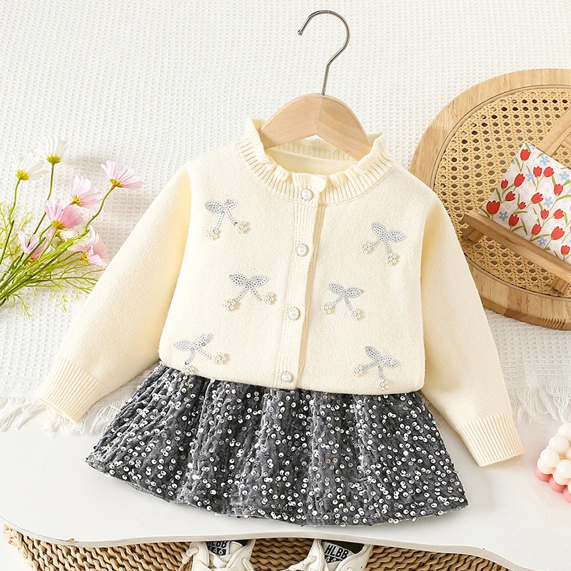 2025 Nuovo Autunno Inverno 2-6Yrs Neonate Abbigliamento Set Cardigan lavorato a maglia a maniche lunghe + Gonna corta Bambini Abbigliamento lavorato a maglia vestito 3