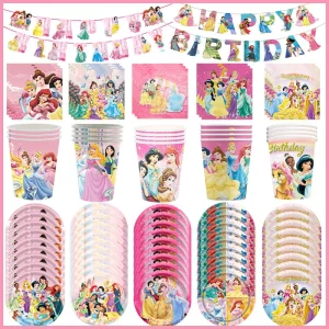 Decorazioni per feste di compleanno della principessa Disney Decorazioni per bambini per ragazze Decorazioni per piatti di compleanno della principessa Disney Tovaglioli Tazze Setup di stoviglie 1