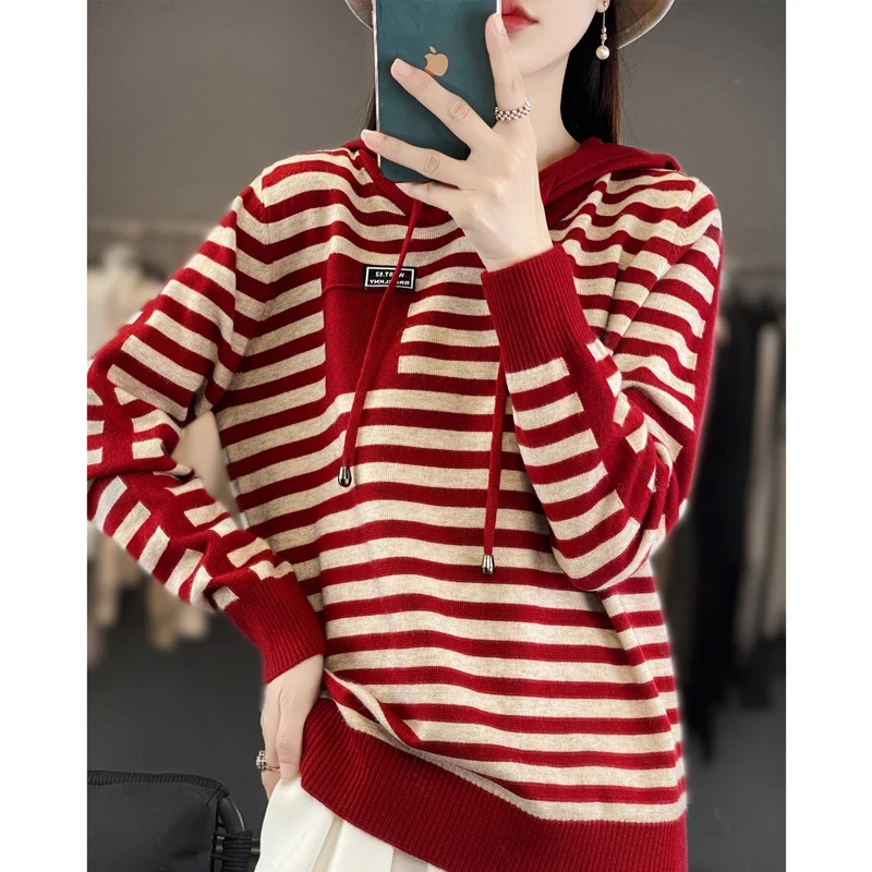 Maglione invernale in pura lana moda morbido autunno femminile nuove donne colletto con cappuccio striscia pullover cashmere sciolto casual maglia base top 4
