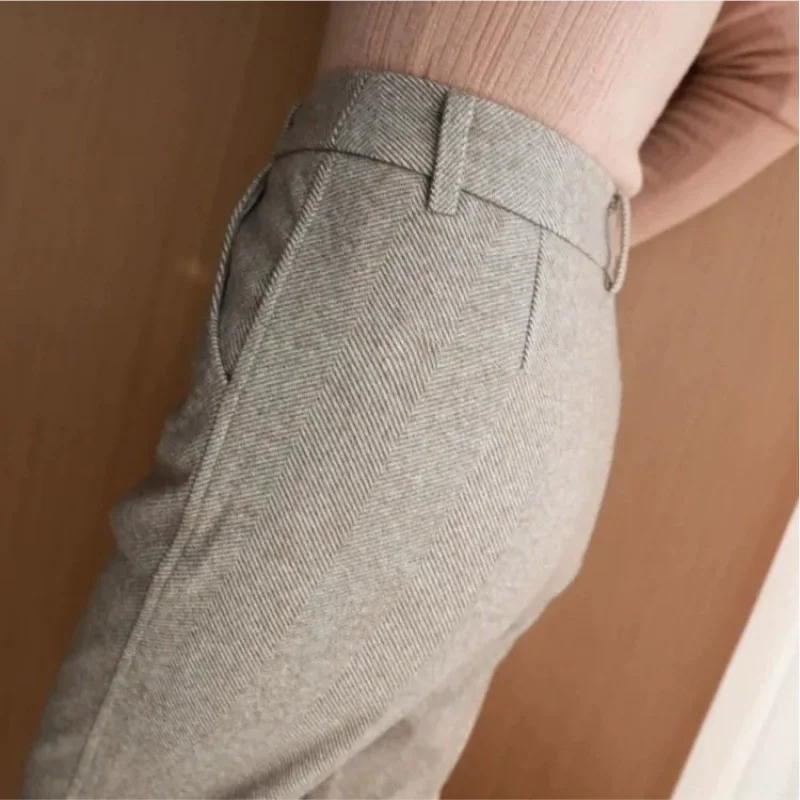 2025 Autunno Inverno Posto di lavoro Pantaloni da abito casual a vita alta Pantaloni da donna da ufficio Pantaloni di lana Pantaloni a matita Harem da donna 3