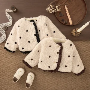 Cappotto da bambina autunno inverno Cappotto in peluche a maniche lunghe in pizzo nero a pois stile coreano per costume caldo alla moda per ragazze 1