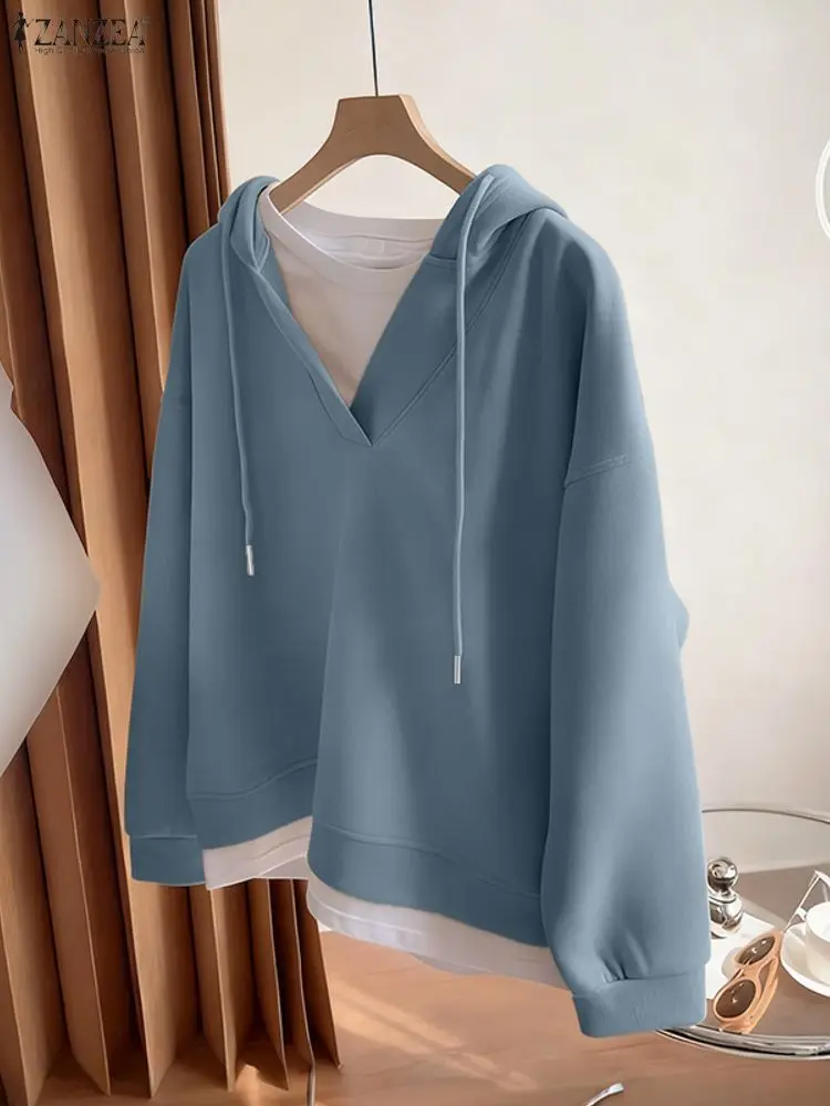 ZANZEA Felpe con cappuccio da donna Felpe con cappuccio a maniche lunghe moda Pullover casual solidi larghi 2025 Maglioni autunno inverno Top eleganti 1