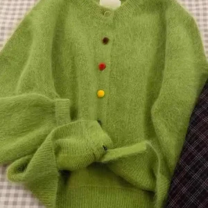 Maglione cardigan lavorato a maglia verde da donna Harajuku coreano Y2k maniche lunghe maglioni oversize vintage anni 2000 vestiti Cutecore 2025 autunno 1