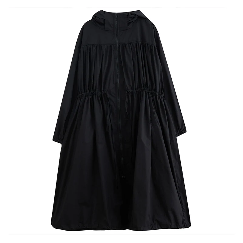 2024 autunno inverno Trench lungo con cappuccio oversize per abbigliamento donna moda coulisse nero Casual allentato capispalla Cardigan 6