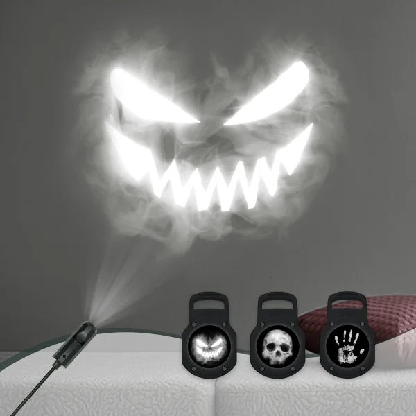 360 ° Luce notturna a LED con teschio ruotabile con stampe e volti intercambiabili sul palmo - Decorazione di Halloween alimentata tramite USB per soffitto e parete 1