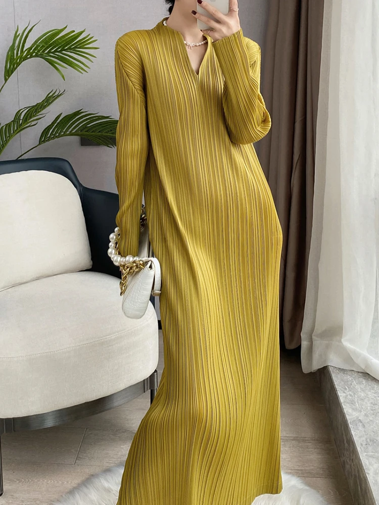 Miyake pieghettato abito coreano moda donna designer 2025 primavera inverno manica lunga abiti neri casual abiti estetici eleganti 2