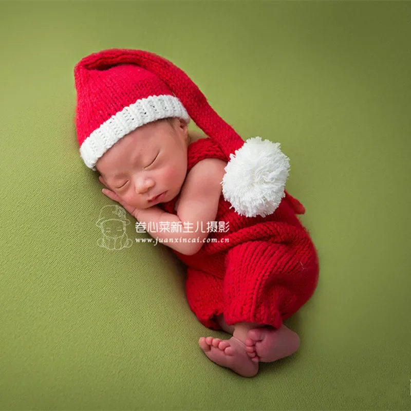 Puntelli per fotografia neonato Cappello Abito natalizio Lavorato a maglia Babbo Natale Pompon all'uncinetto Pagliaccetto per neonato Tuta Servizio fotografico Studio 3