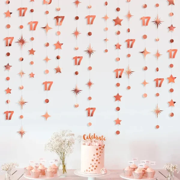 Decorazioni per il 17° compleanno in oro rosa Numero 17 Cerchio Dot Star Ghirlanda Banner Sfondo per ragazze Forniture per feste del 17° compleanno 3