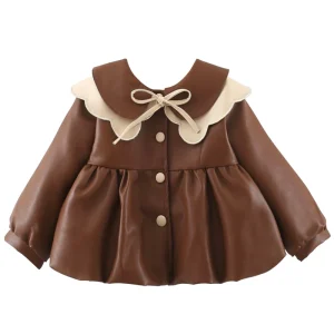Primavera autunno neonato ragazza cappotti stile coreano vestiti del bambino moda PU carino fiocco bambola collare bambini giacca capispalla neonato BC1646 1