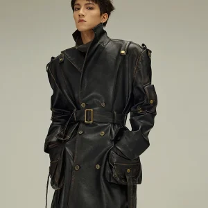 Mauroicardi Primavera Autunno Lungo Distressed Nero Pu Trench in pelle da uomo Cintura doppio petto Moda europea di lusso 2023 1