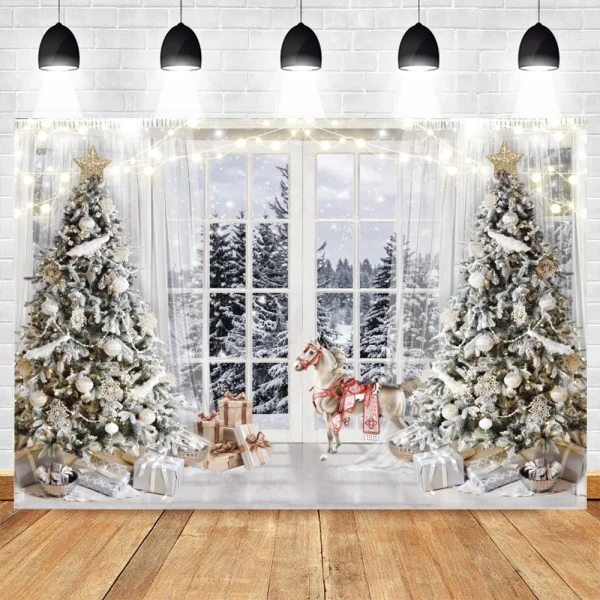 Sfondo di fotografia di natale camino in mattoni bianchi orso albero di natale sfondi bambini bambini festa in famiglia decorazioni per feste Banner 5