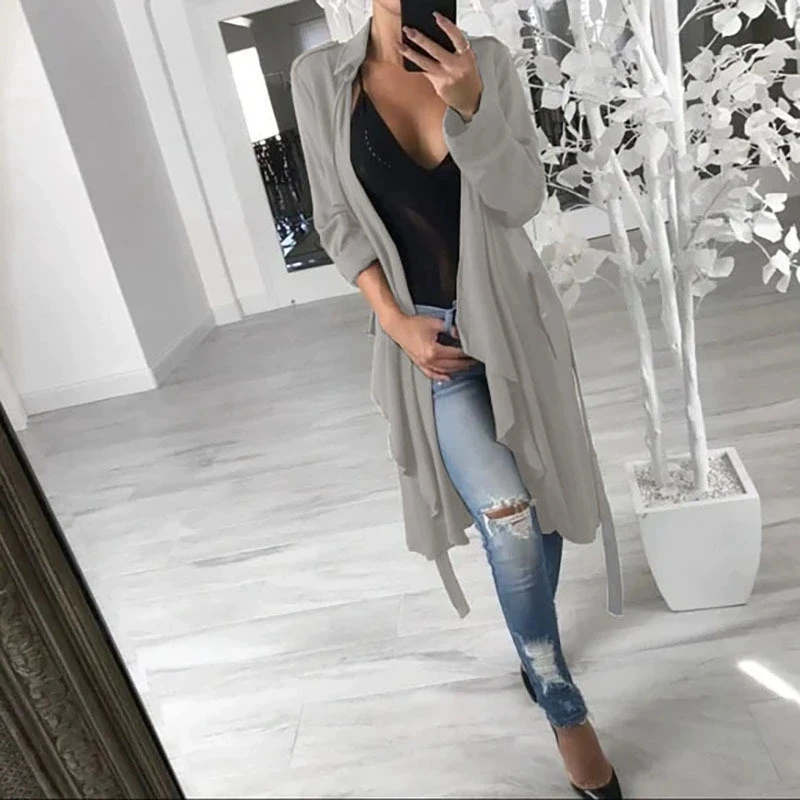 2025 Autunno Inverno Nuova giacca a vento da donna casual tinta unita risvolto manica lunga cardigan irregolare giacca a vento lunga allentata 3