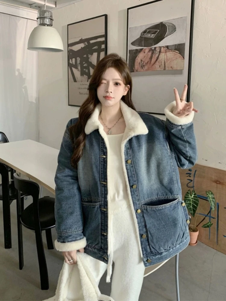 Giacca di jeans ispessita in velluto più da donna - Cappotto invernale caldo stile coreano oversize casual lavato con acqua 5