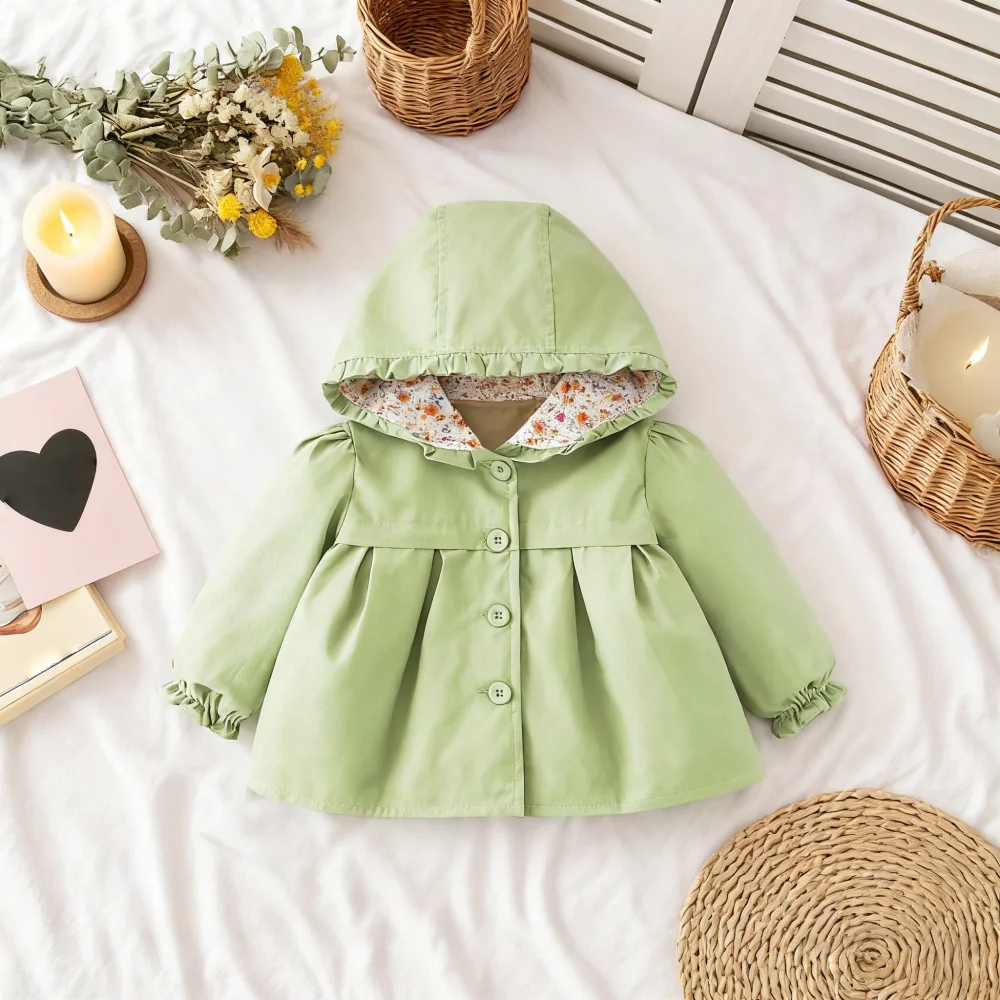 Abbigliamento per bambini Primavera e autunno Giacca per bambini con cappuccio in cotone tinta unita Giacca a vento per ragazze casual Cappotto per bambina 2