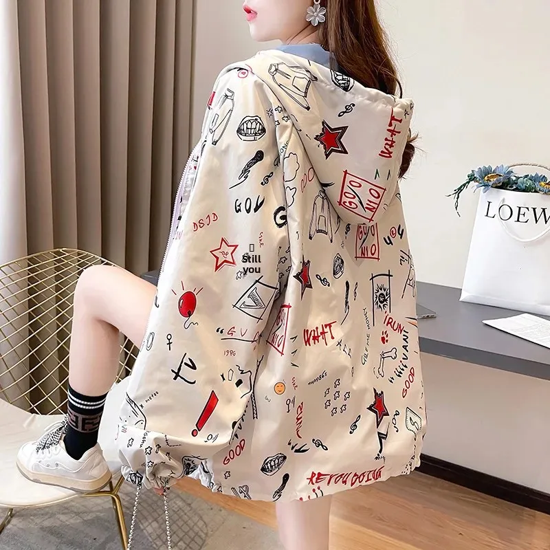 Doppio strato di usura su due lati Primavera Autunno Stile pigro Alla moda Con cappuccio Allentato Manica lunga Giacca sottile Cappotto da donna Capispalla casual 3