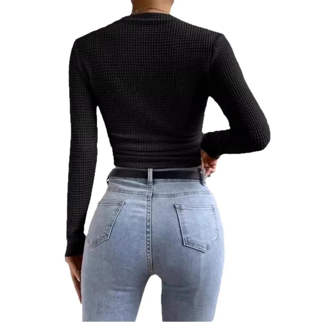 Akaily 2025 Estate delle nuove donne in maglia solida pieghettata laterale manica lunga Solid Slim Tees All Match Basic Tops canottiera 2